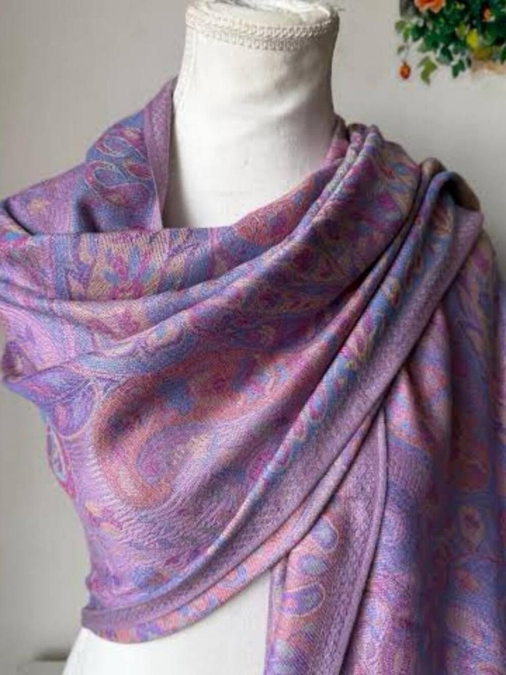 Vintage Purple Paisley Fringe Scarf Boho Floral Print Wrap Shawl